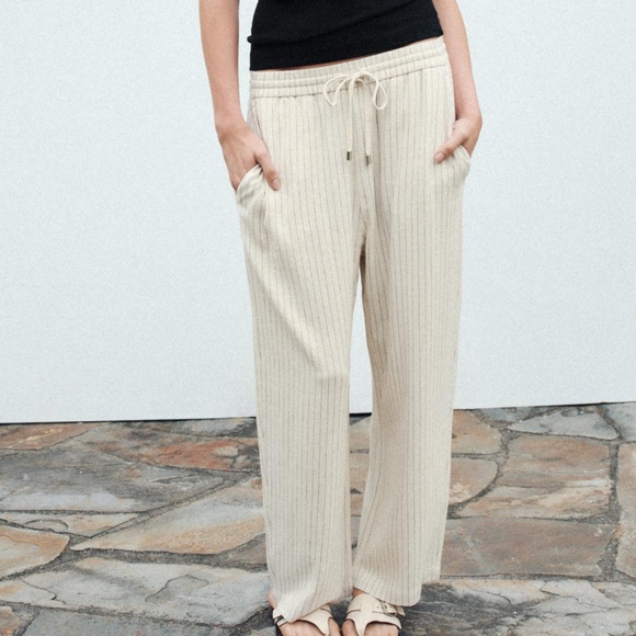 Zara light cream striped linen blend high elastic waist pants NWT - Picture 1 of 10